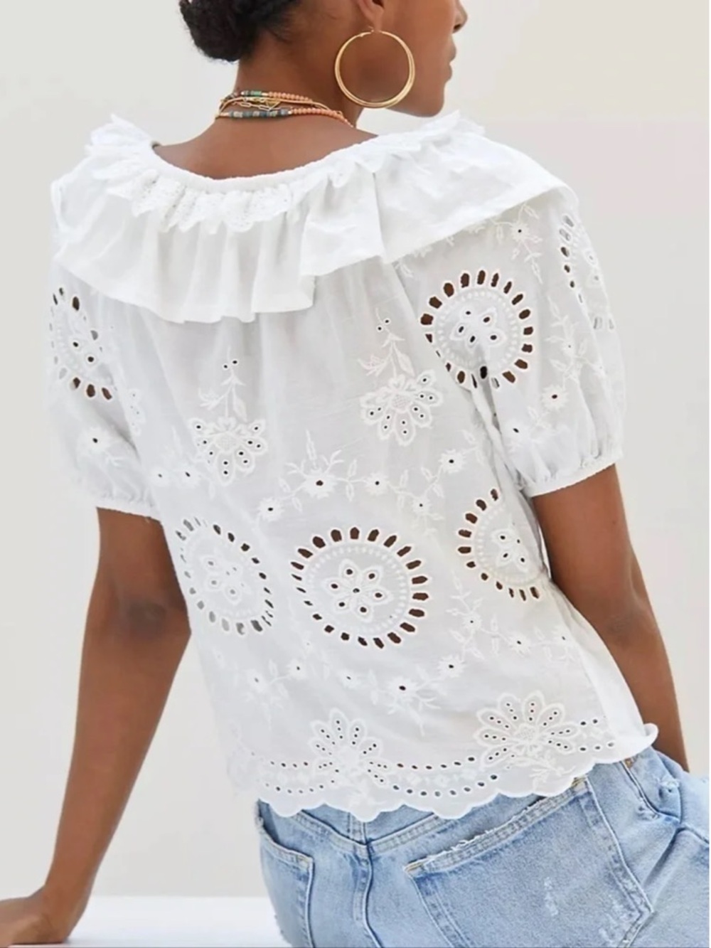 Anthropologie White Eyelet Ruffle V-Neck Top - Picture 3 of 10